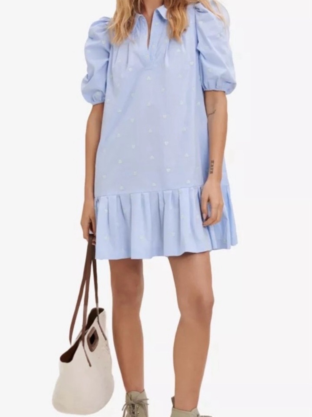 MAJE Heart embroidered puff-sleeved poplin mini dress blue, 42, L/XL equivalent